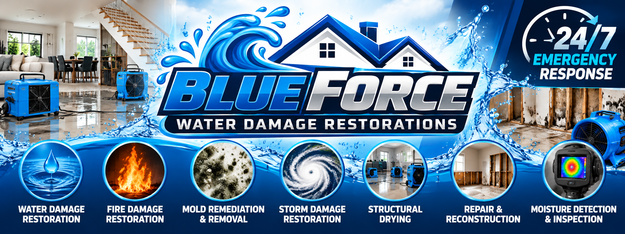 Blue Force Water Damage Restorations banner showing 24/7 emergency response and services: water damage, fire damage, mold remediation, storm damage, structural drying, repair and reconstruction, and moisture detection