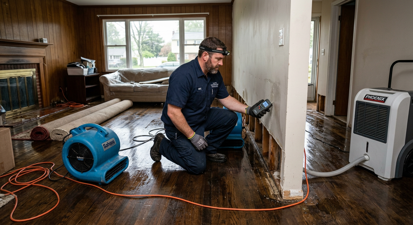 Blue Force technicians setting up drying equipment in a water-damaged home